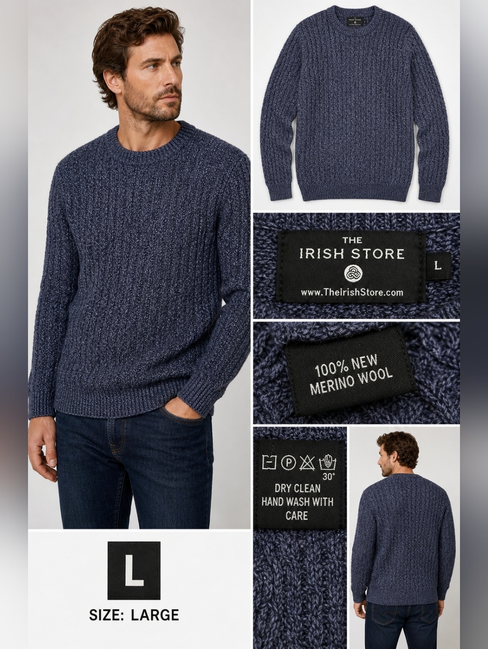 The Irish Store 100% Merino Wool Sweater Cable Knit Blue Crew Neck Men's Size L.